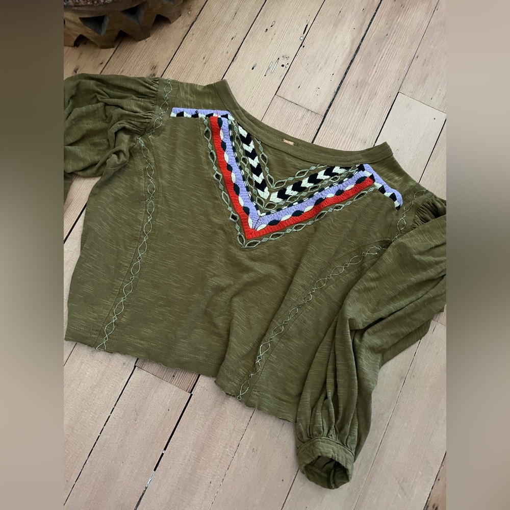 Free People Olive Embroidered Puff Sleeve Tunic